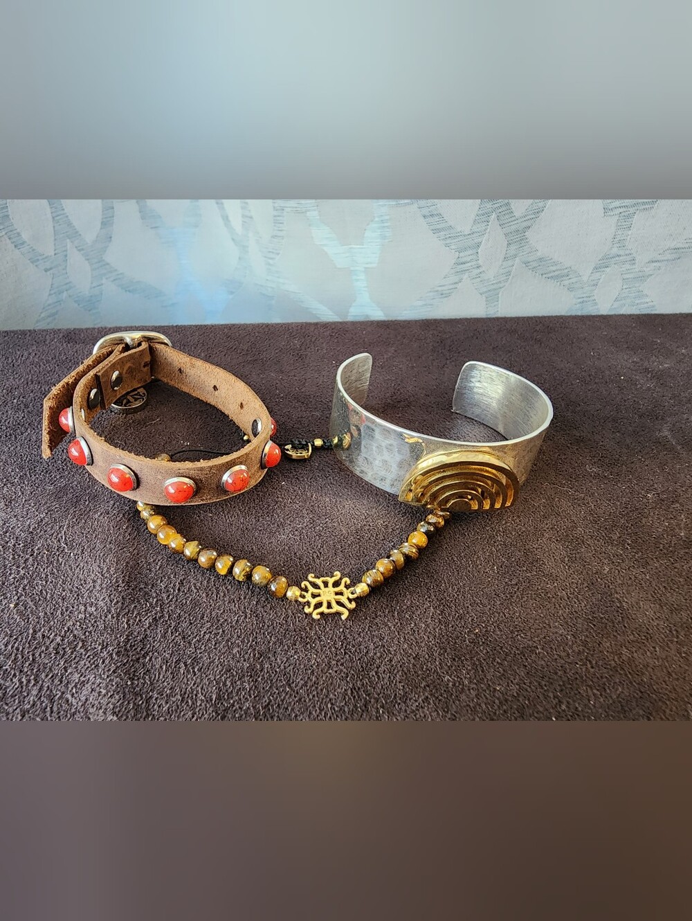 Rustic Cuff Boho Leather & Mixed Metal Linked Cuff Bracelet Set